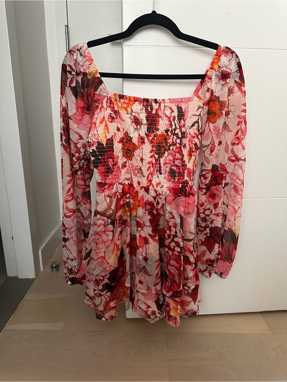 Express Pink Floral Smocked Long-Sleeve Tunic